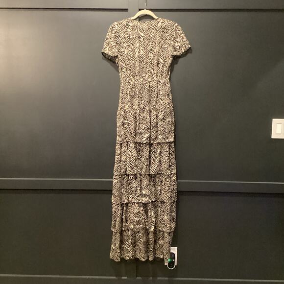 BA&SH Zelie Tiered Satin long Maxi Dress Animal Print Black White V neck 6 - Picture 5 of 9